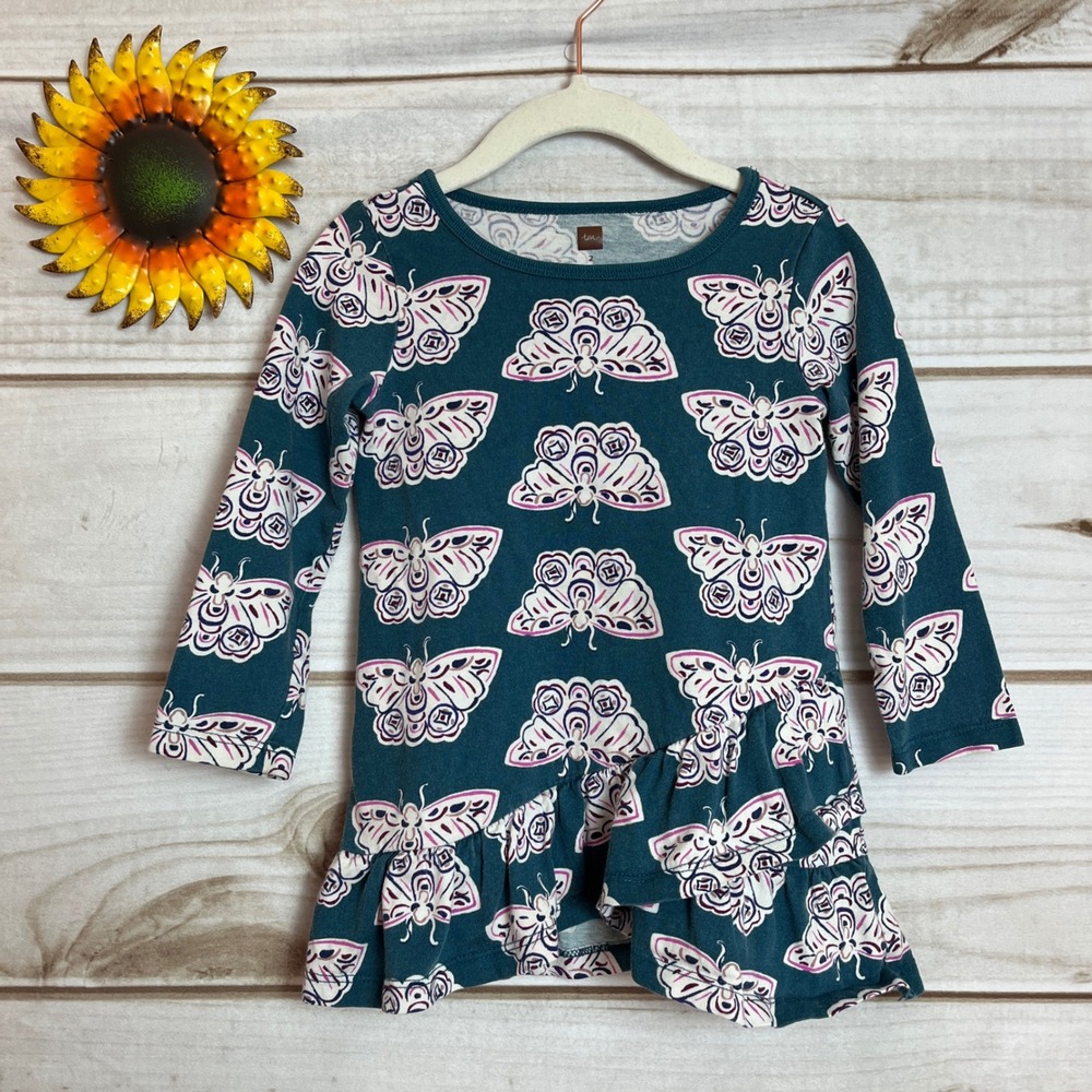 Tea‎ Collection Girls Dress Size 2 Teal Butterfly Print Long Sleeve Ruffle